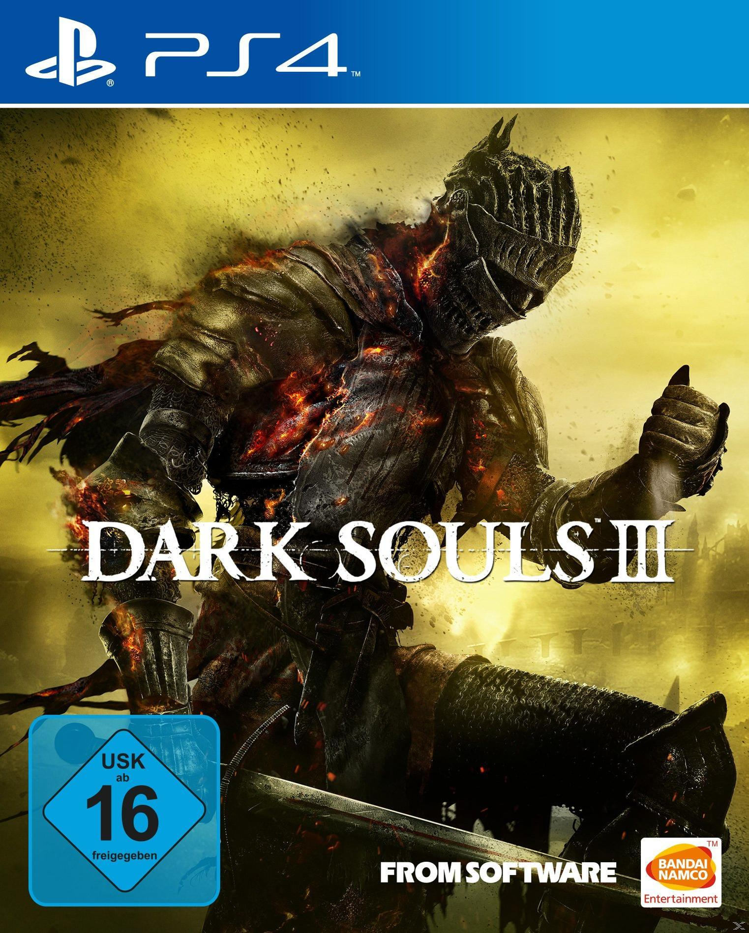 Dark Souls III-Spielcover. Ein Ritter in Rüstung mit brennendem Helm. PS4-Logo.