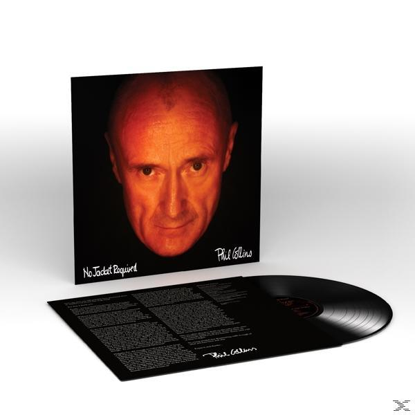 Albumcover von Phil Collins' No Jacket Required, mit dem Gesicht des Künstlers und Albumdetails.