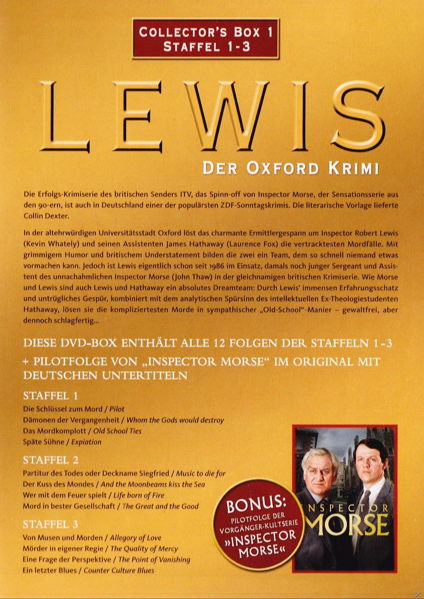 Collector's Box Set für 'Lewis'. Enthält DVDs, Episodentitel und einen Bonusbereich. Textlastiges Bild.