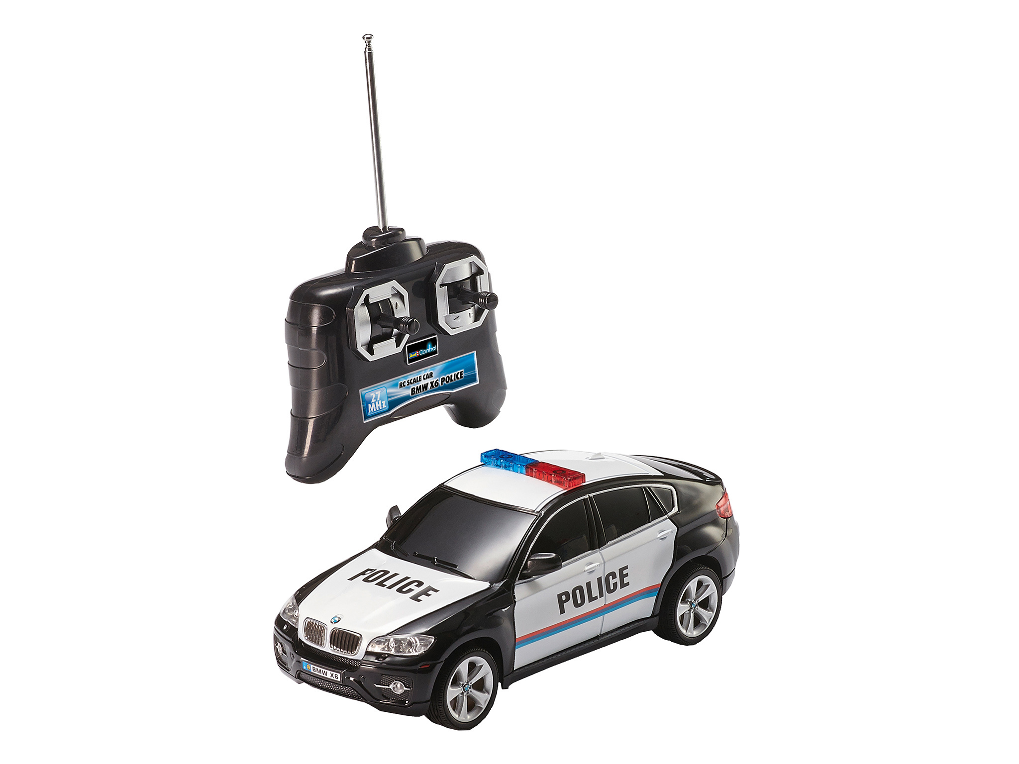 Ein schwarz-weißes Polizeiauto-Spielzeug mit Fernbedienung. Das Auto hat blinkende Lichter. Weißer Hintergrund.