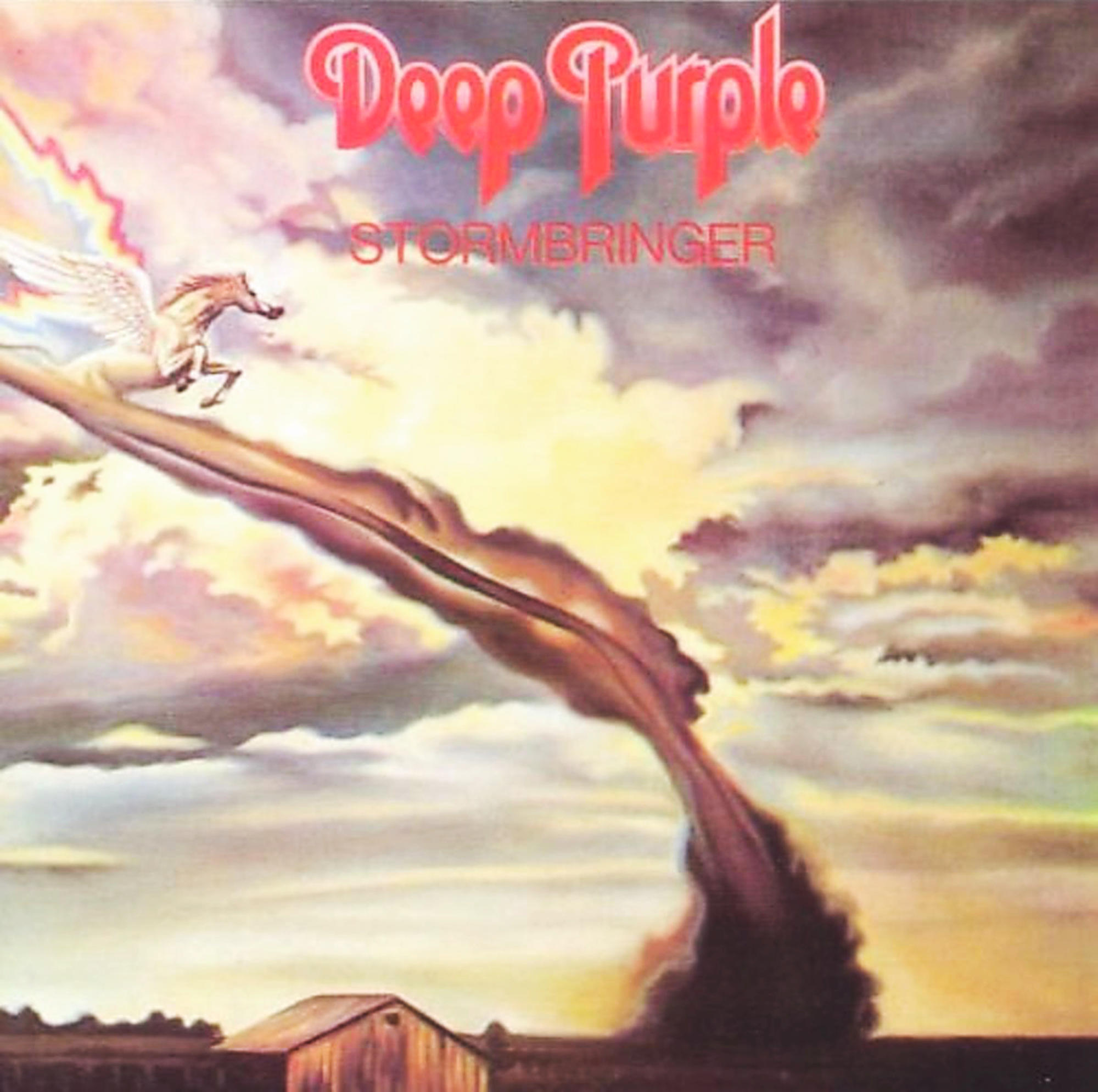 Albumcover, Deep Purple, Stormbringer, mit einem geflügelten Pferd und einer tornadoartigen Struktur.