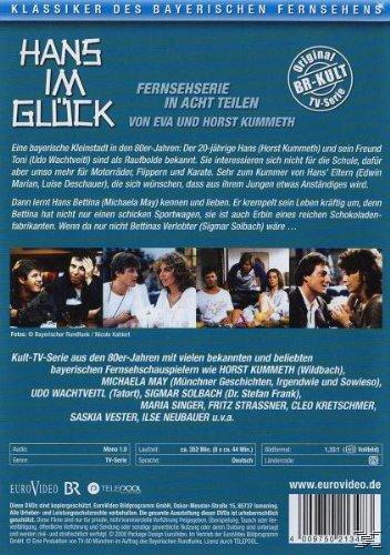 DVD-Rückseite auf Deutsch. Enthält Bilder von Schauspielern und Text über den Film 'Hans im Glück'.