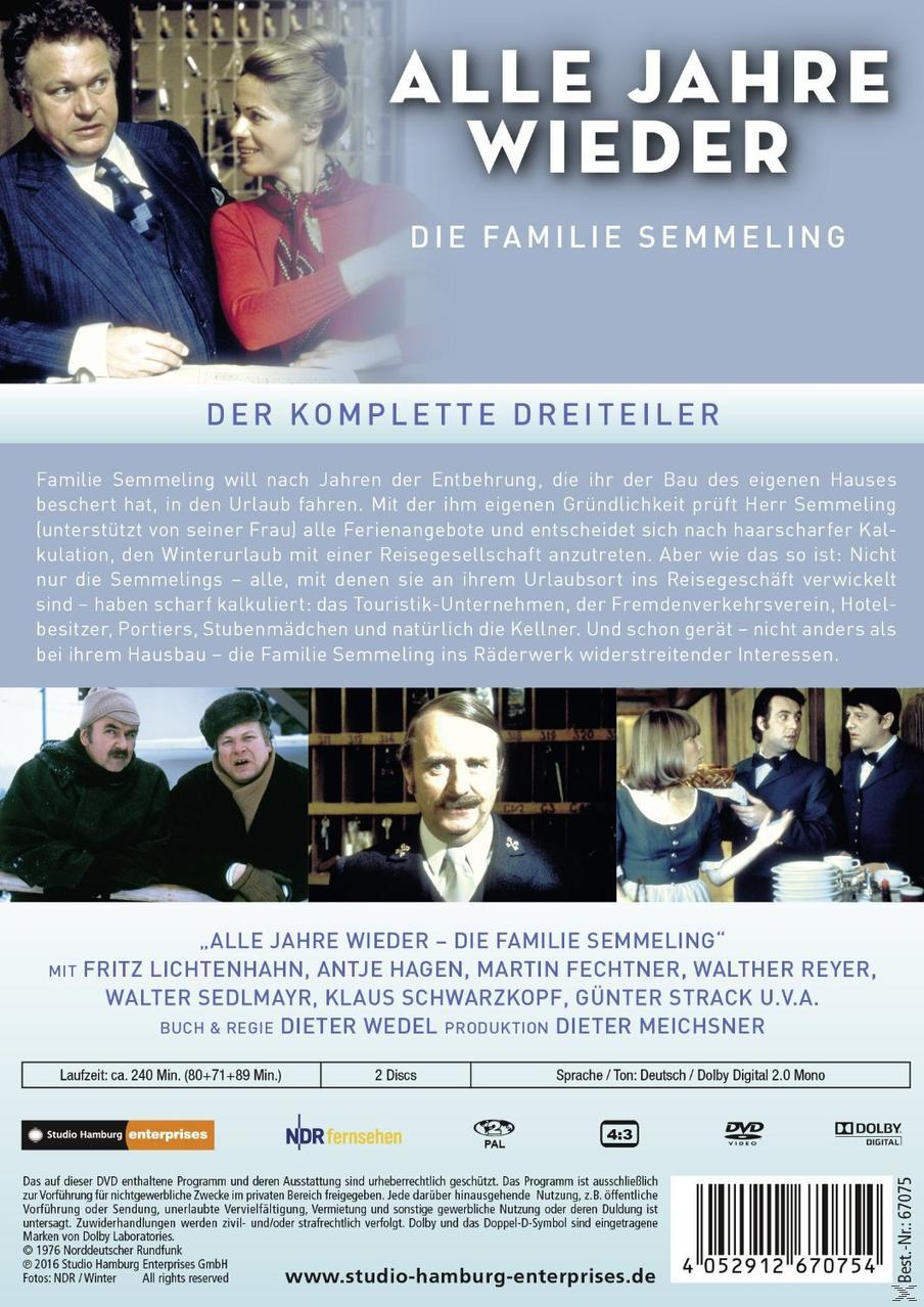 DVD-Cover mit Personen. Der Filmtitel lautet ALLE JAHRE WIEDER DIE FAMILIE SEMMELING.