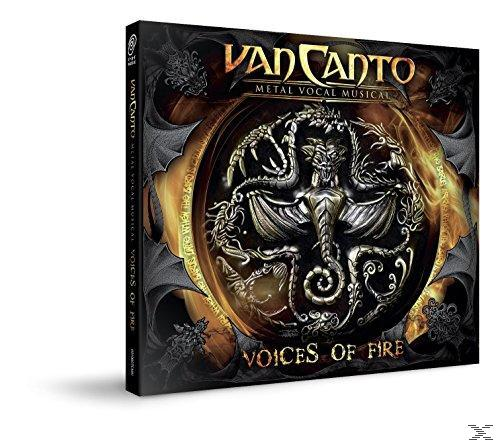 Van Canto 'Voices of Fire' CD-Cover. Gold- und Schwarz-Design mit Drachen, Text.