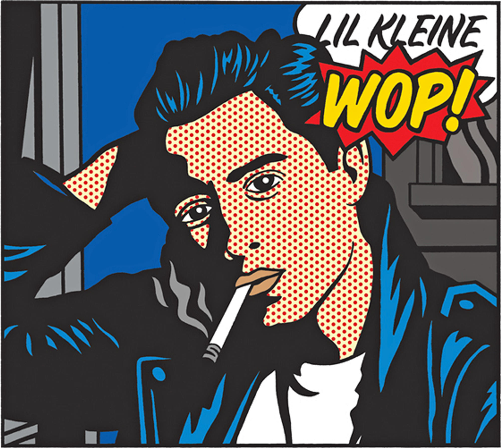 Œuvre de style pop art de Lil Kleine, fumant une cigarette, avec une bulle de dialogue.