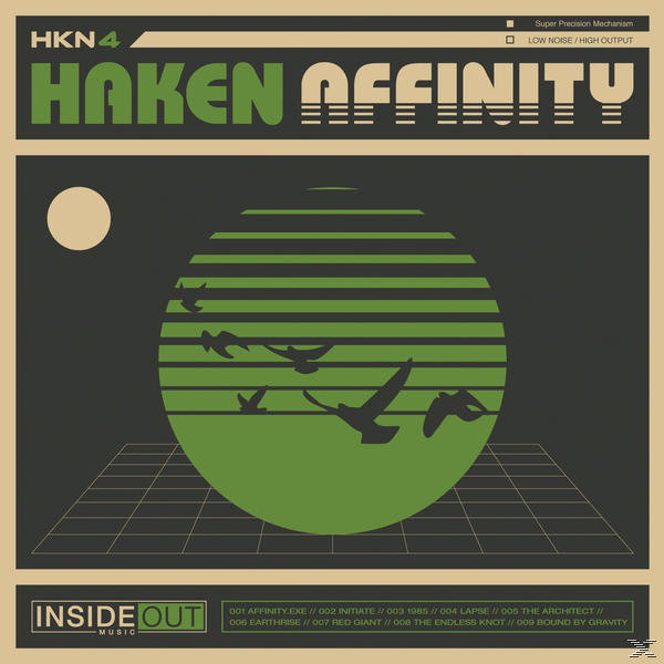 Albumcover mit grüner Sonne, Vögeln und Rasterdesign. Text: Haken Affinity.