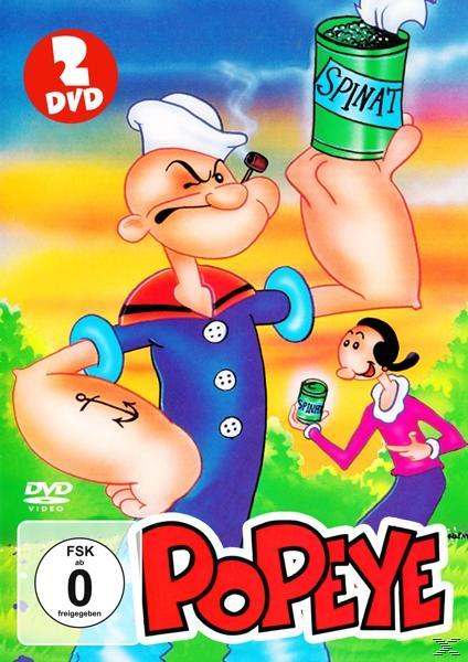 Popeye-Cartoon-DVD-Cover mit Popeye, der Spinat hält. Olive Oyl hält eine Dose. Roter und weißer Text.