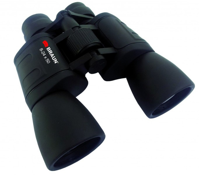 Schwarzes Braun-Fernglas. Linse und Einstellrad sind sichtbar.