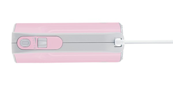 Rosa-graues Gerät mit Knopf und Schieber, verbunden mit weißem Kabel.