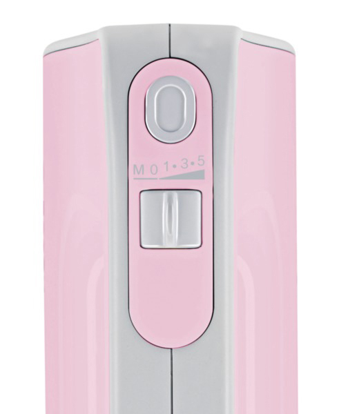 Nahaufnahme eines rosa-grauen Geräts mit einem Drehregler und einem Ein-/Aus-Schalter.
