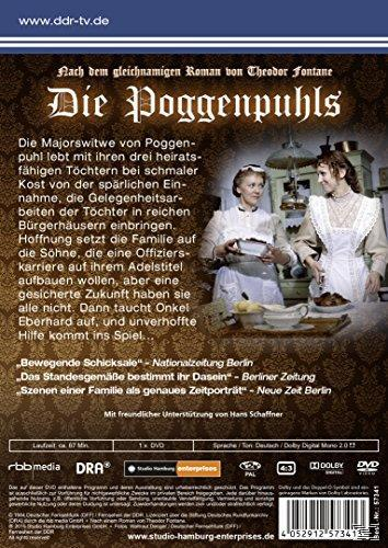 DVD-Rückseite mit Bildern von Personen und Text über den Film „Die Poggenpuhls“.