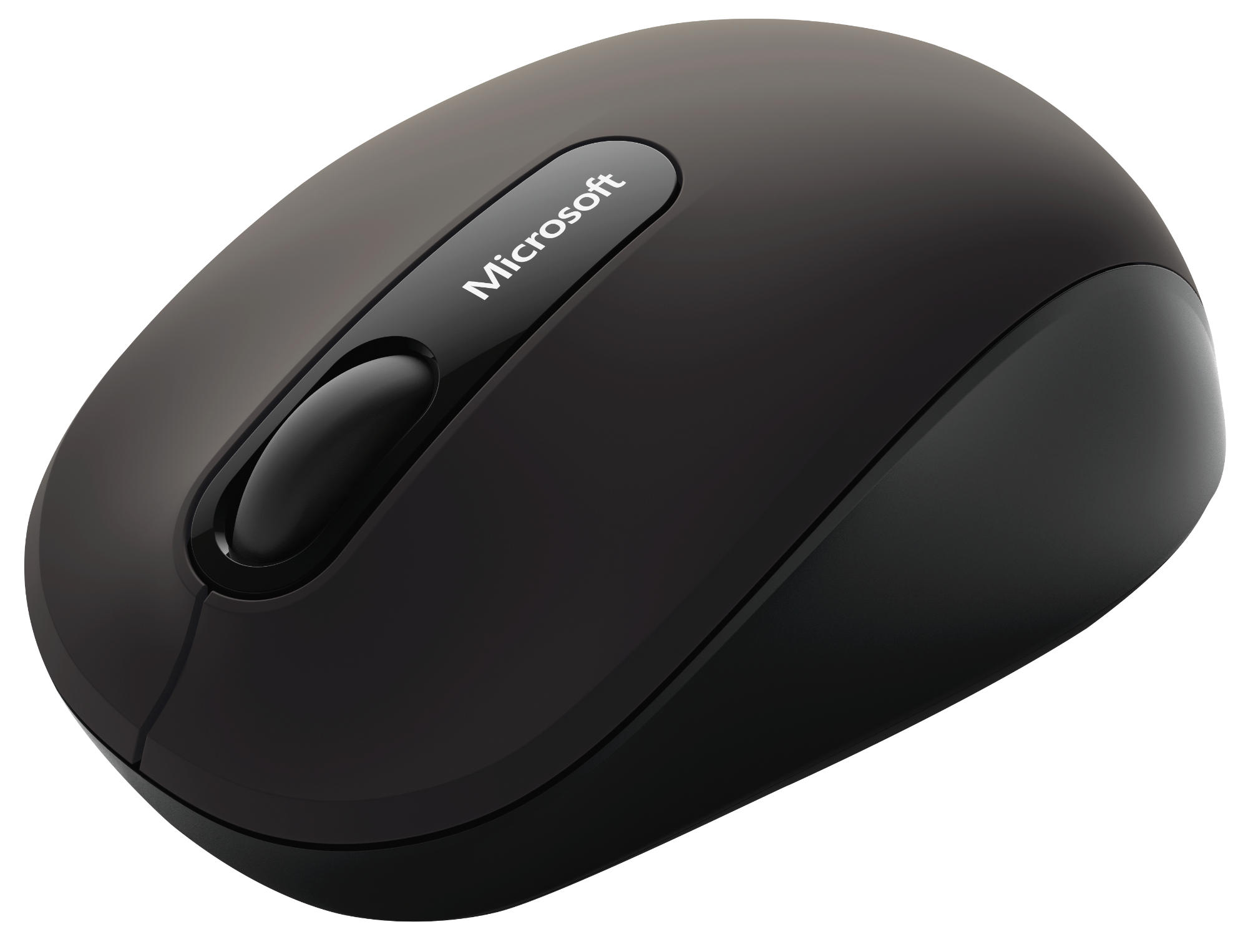 Schwarze kabellose Microsoft-Maus mit Scrollrad und Microsoft-Logo.