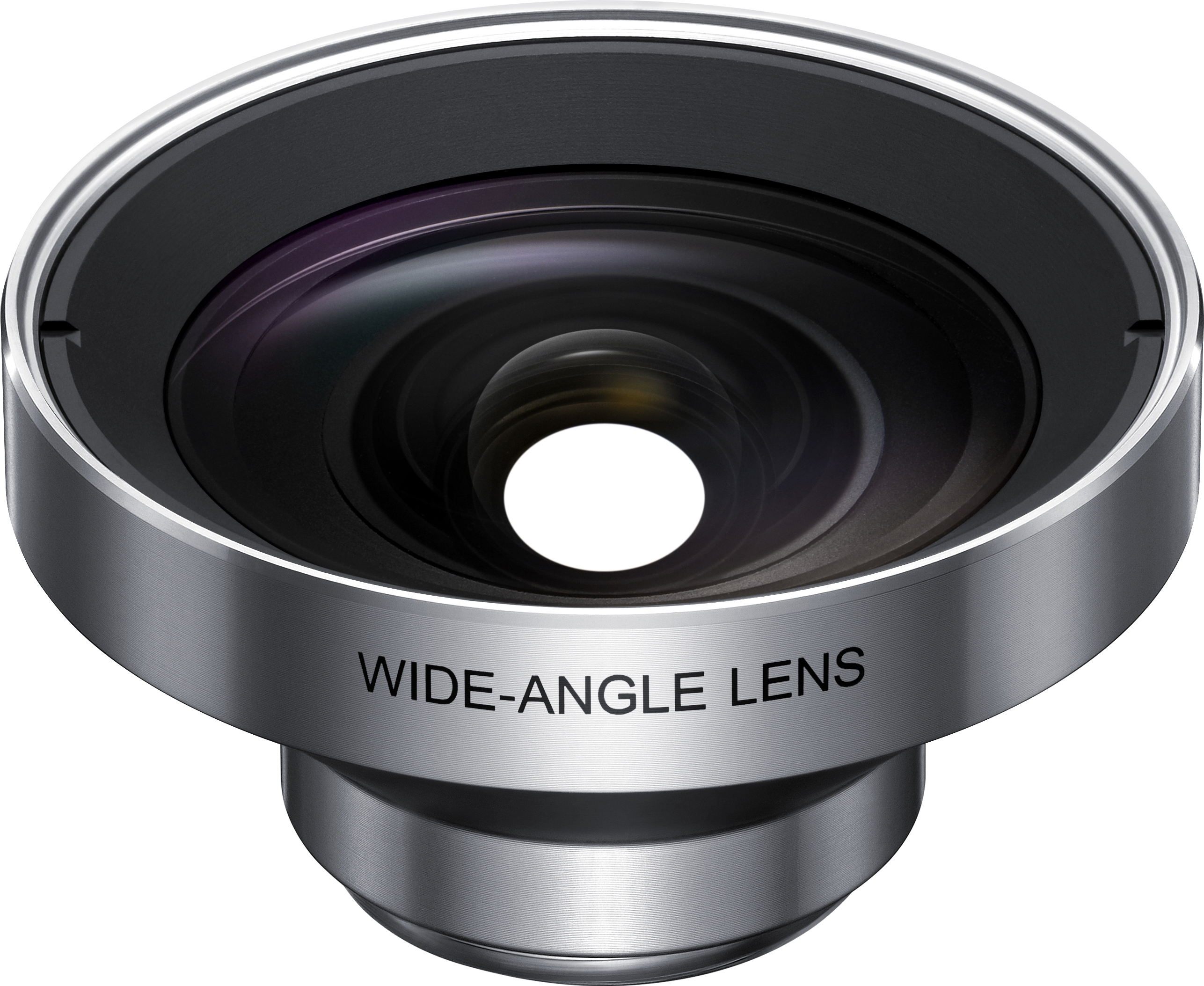 Nahaufnahme eines Weitwinkelobjektivs mit dem Schriftzug 'WIDE-ANGLE LENS'.