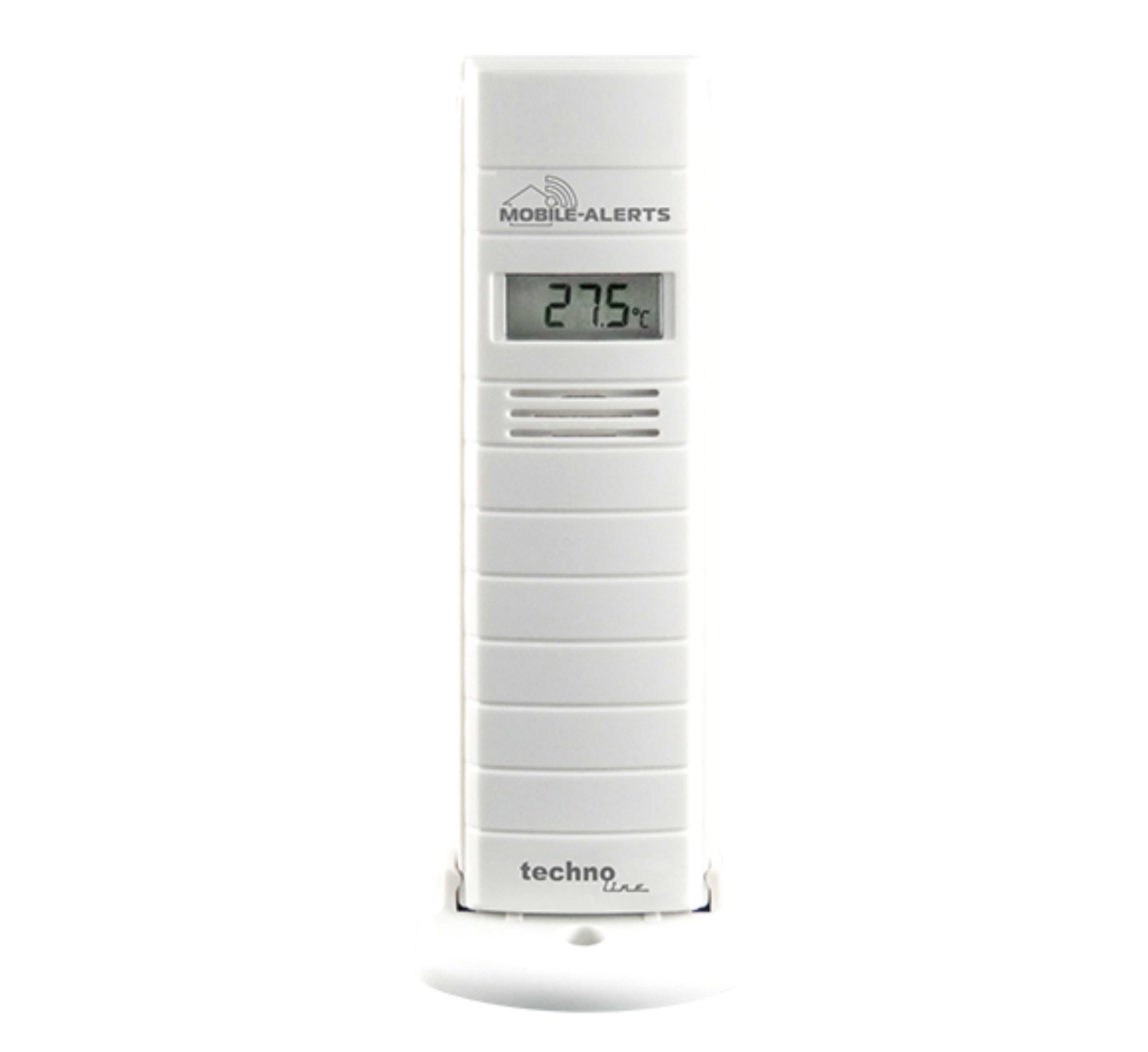 Weißes, rechteckiges Techno Line Thermometer mit Digitalanzeige zeigt 27,5 Grad.