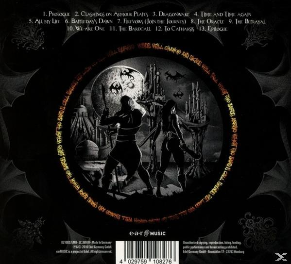 Albumcover mit dunkler Bildsprache. Zeigt zwei Figuren mit Waffen, eine Burg und einen Mond.