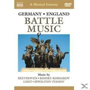 DVD-Cover für Battle Music, mit einer Statue von Figuren mit Pferden. Der Text enthält musikalische Kompositionen.
