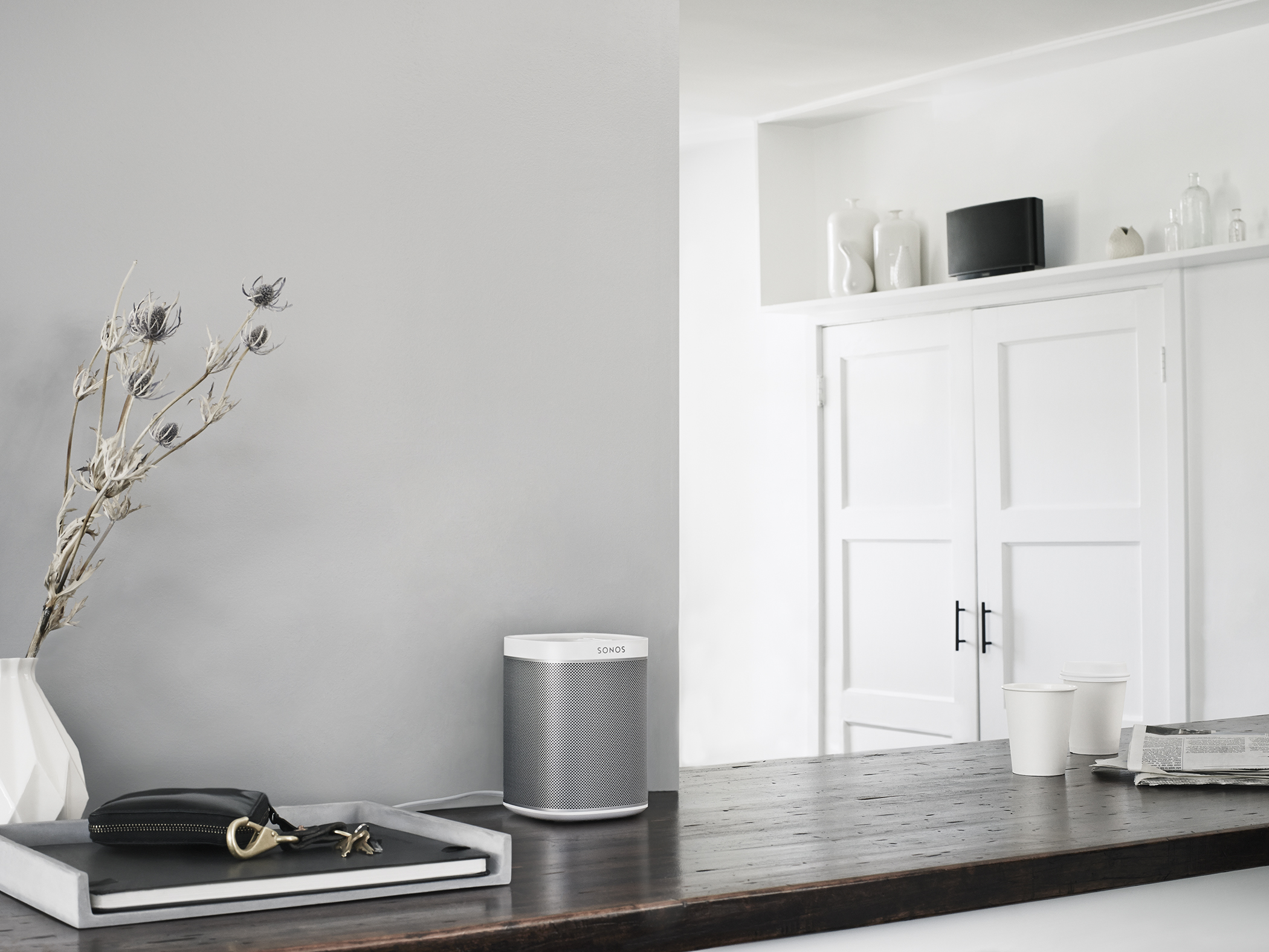 Moderne Wohnzimmerszene. Ein Sonos-Lautsprecher, eine Vase mit Trockenblumen und ein Schlüssel auf einem Tablett.