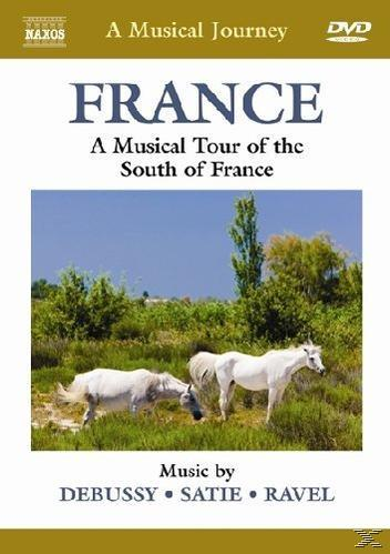 DVD-Cover: zwei weiße Pferde auf einem Feld, mit Text über Frankreich und musikalische Komponisten.