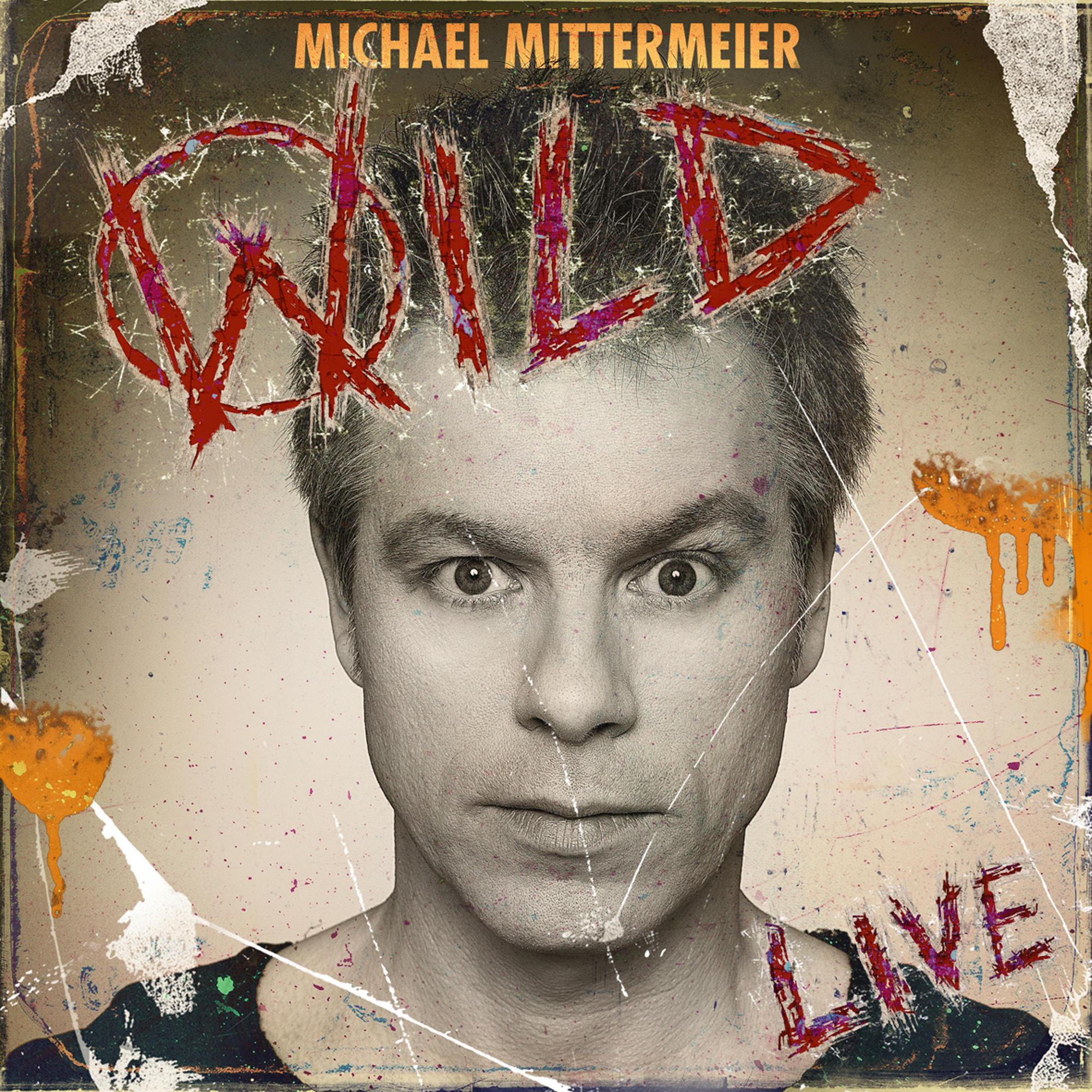Albumcover mit Michael Mittermeiers Gesicht und dem Wort 'WILD' in Rot quer darüber.