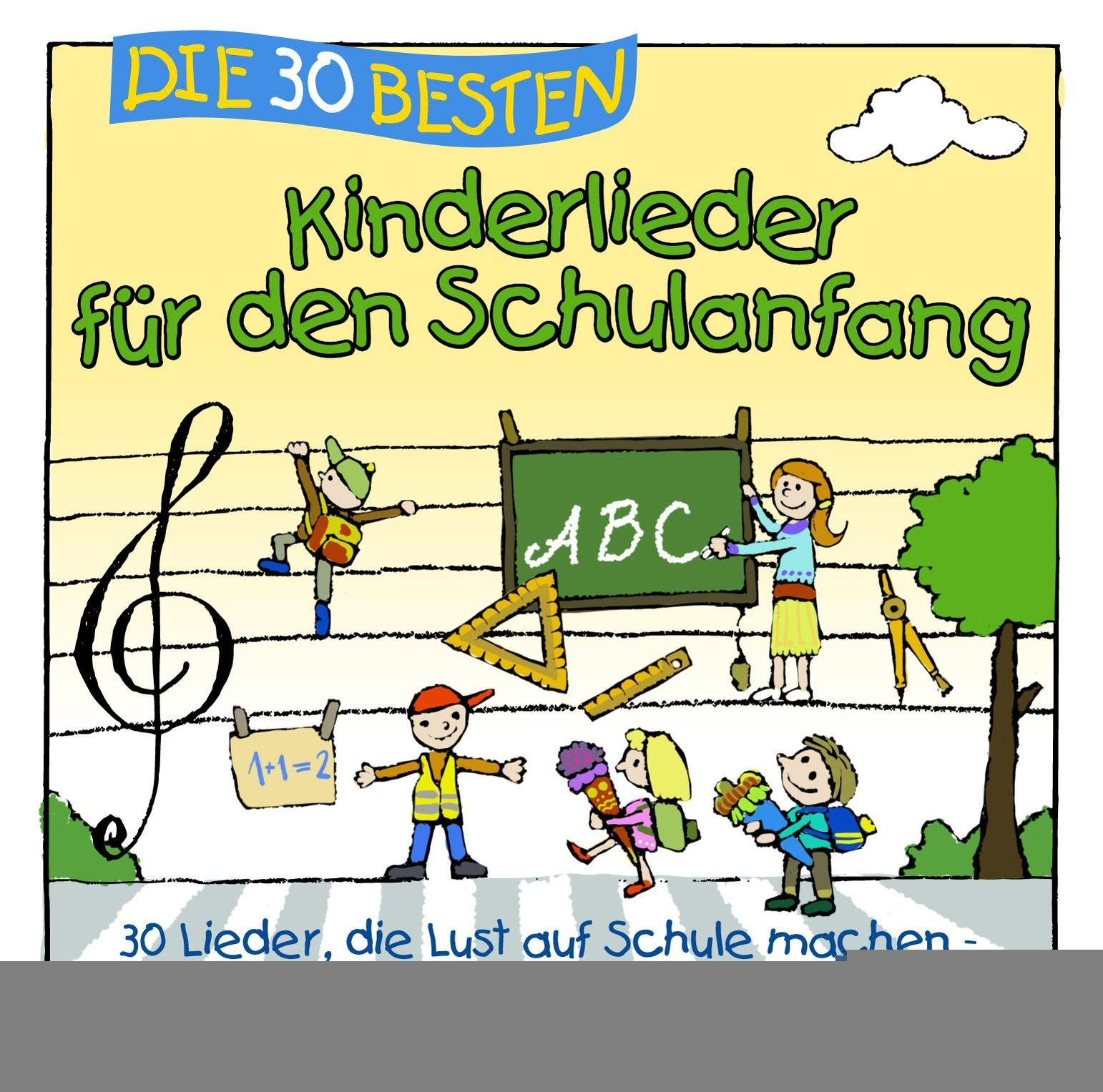 Cartoon-Illustration: Kinder in der Schule. Tafel, Notenschlüssel und Text.