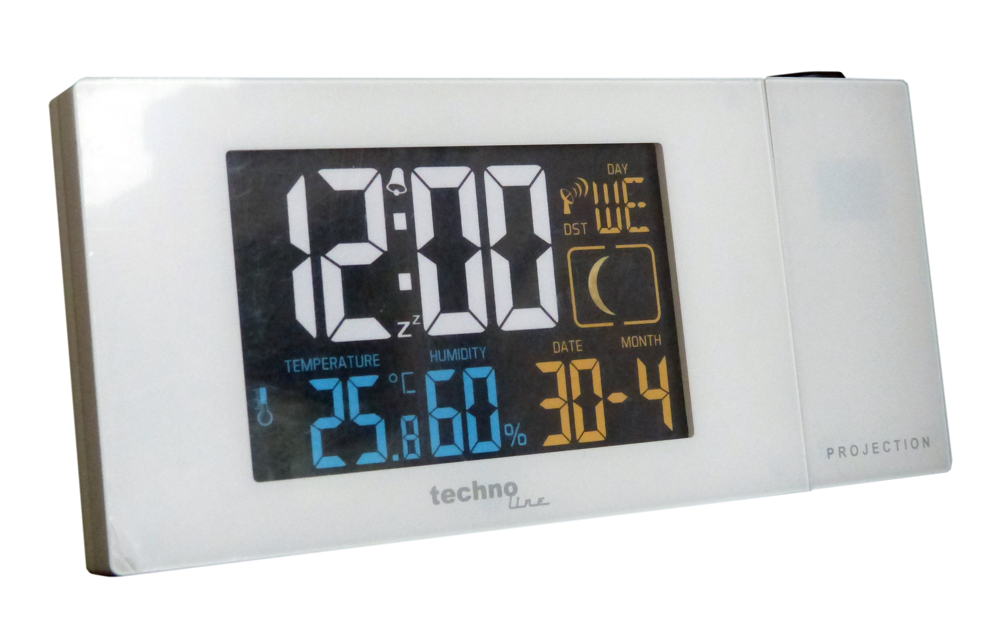 Digitaluhr mit Anzeige von Zeit, Temperatur und Luftfeuchtigkeit. Weißer Hintergrund.