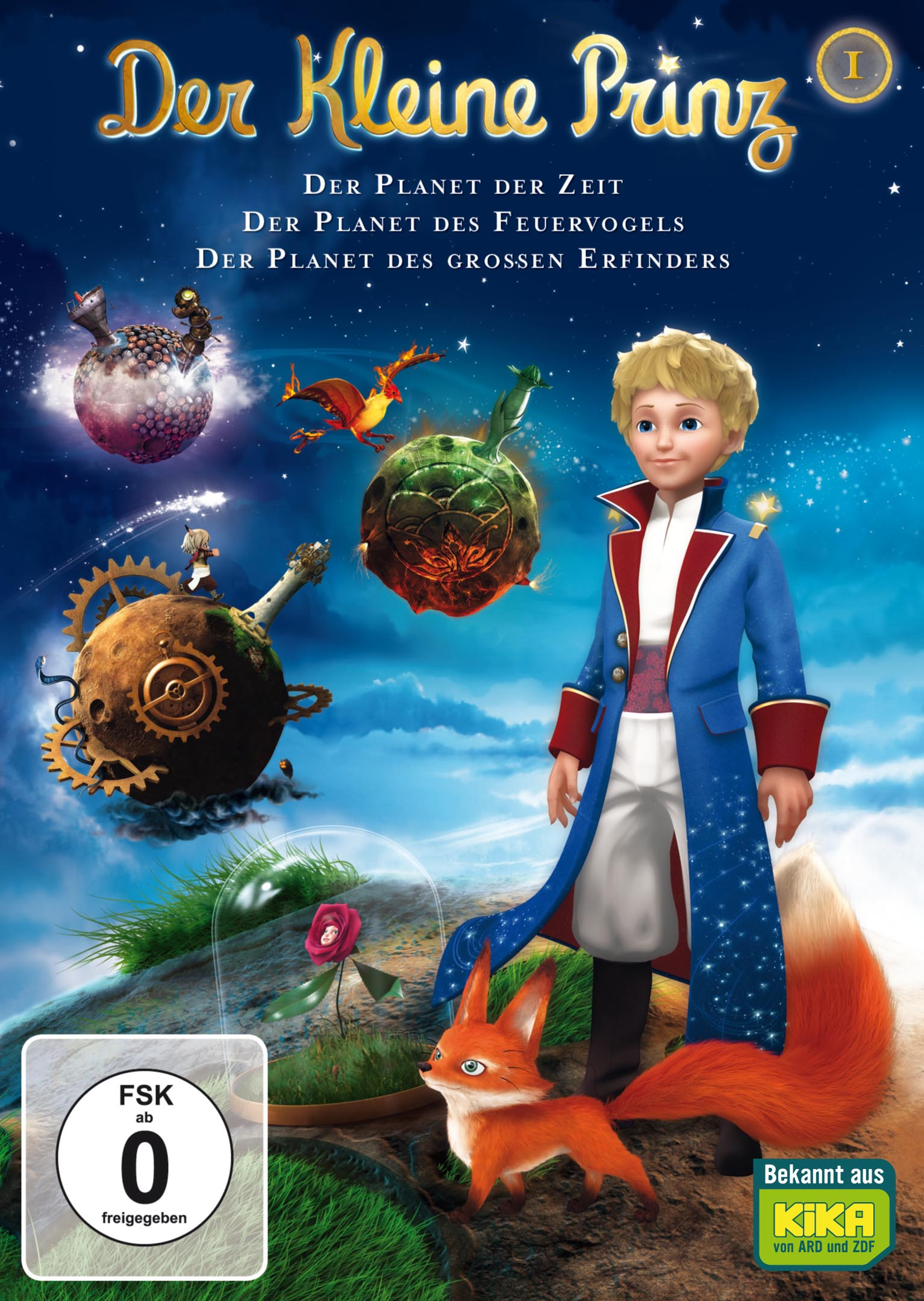 Ein Filmplakat für den Kleinen Prinzen. Mit dem Kleinen Prinzen, einem Fuchs und Planeten.
