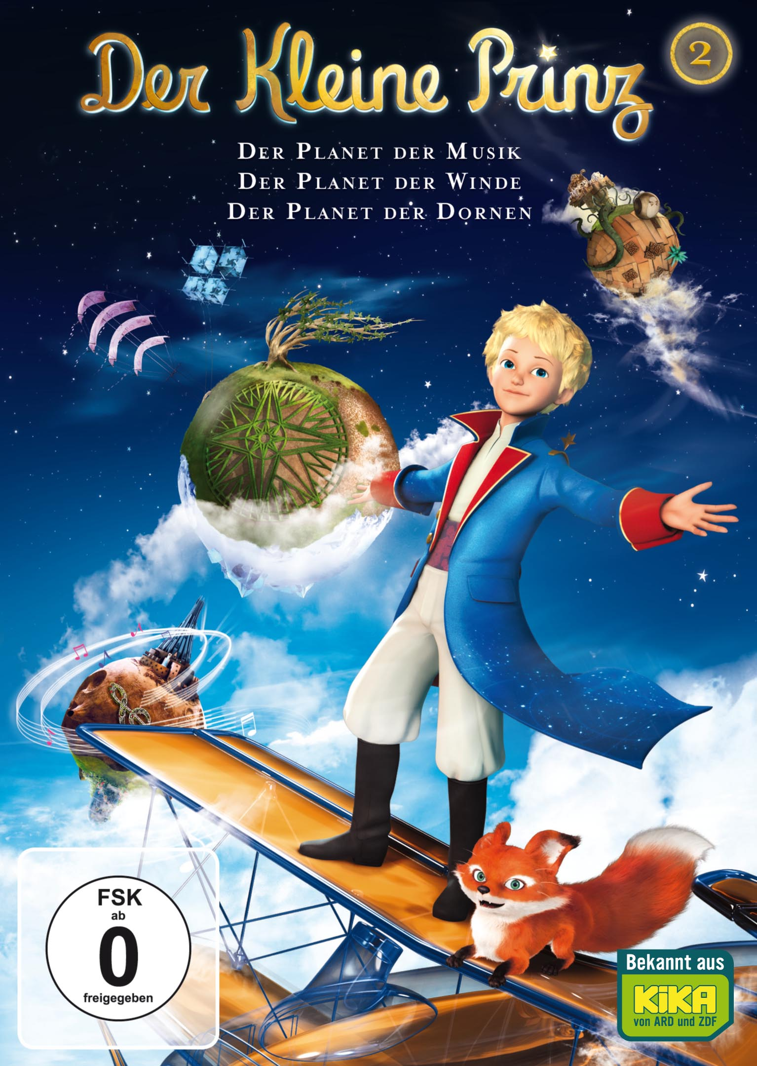 DVD-Cover von Der Kleine Prinz. Zeigt einen jungen Mann mit einem Fuchs, einen Planeten und einen Sternenhimmel.