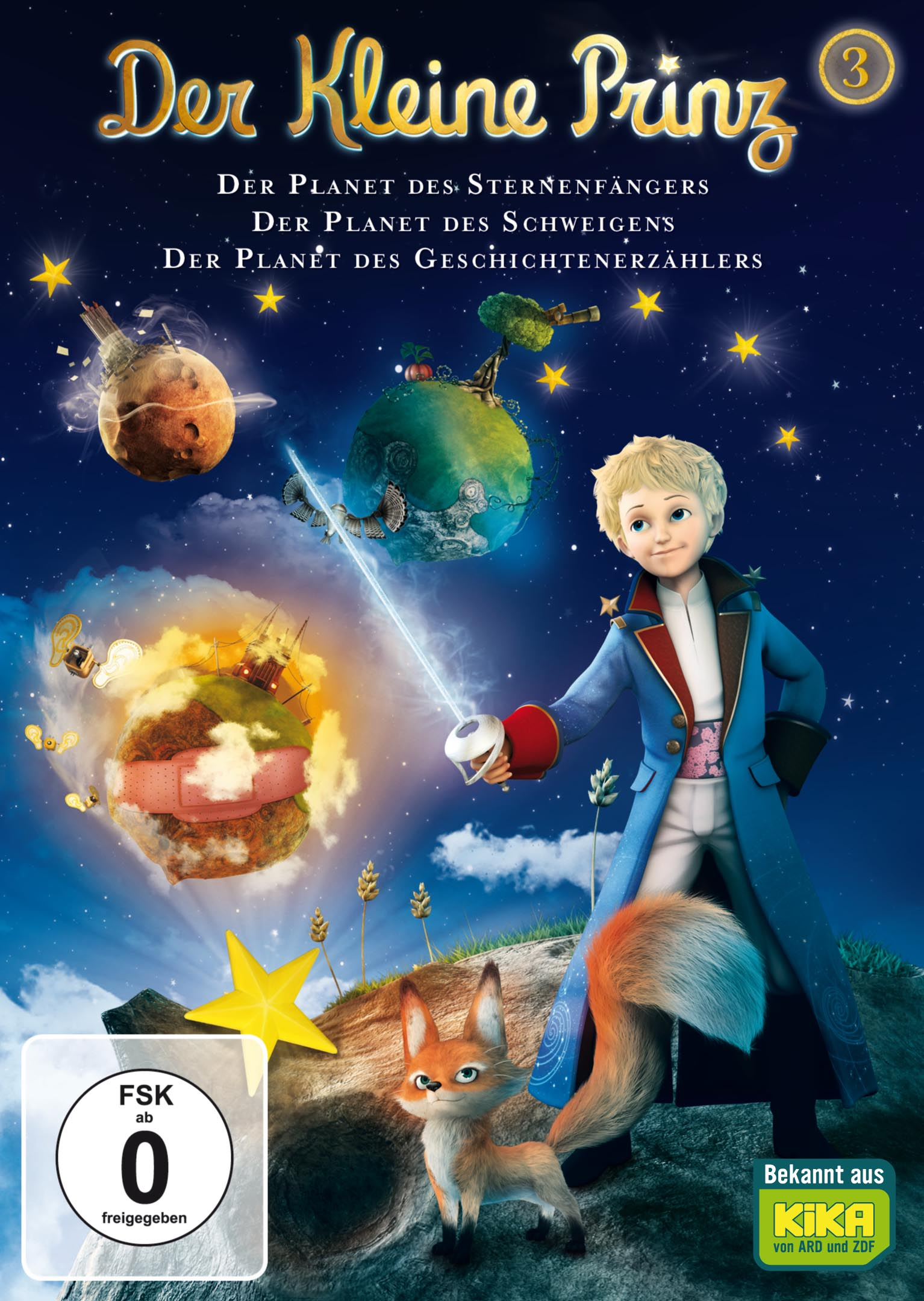 Der kleine Prinz DVD-Cover. Ein Junge mit Schwert, Fuchs und Planeten. Der Hintergrund ist ein Sternenhimmel.