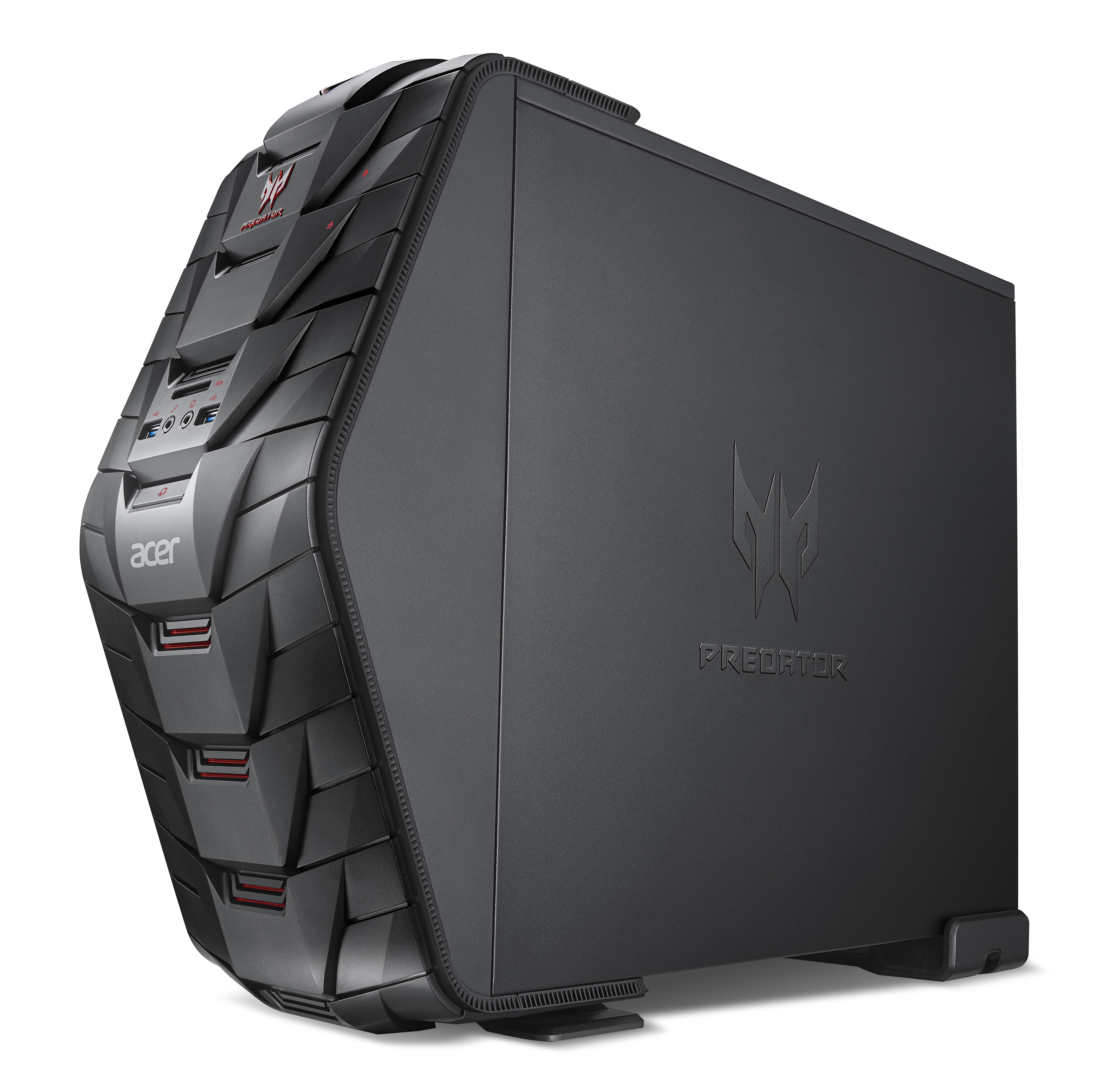 Schwarzer Acer Predator Gaming-PC mit futuristischem Design, abgewinkelte Ansicht.