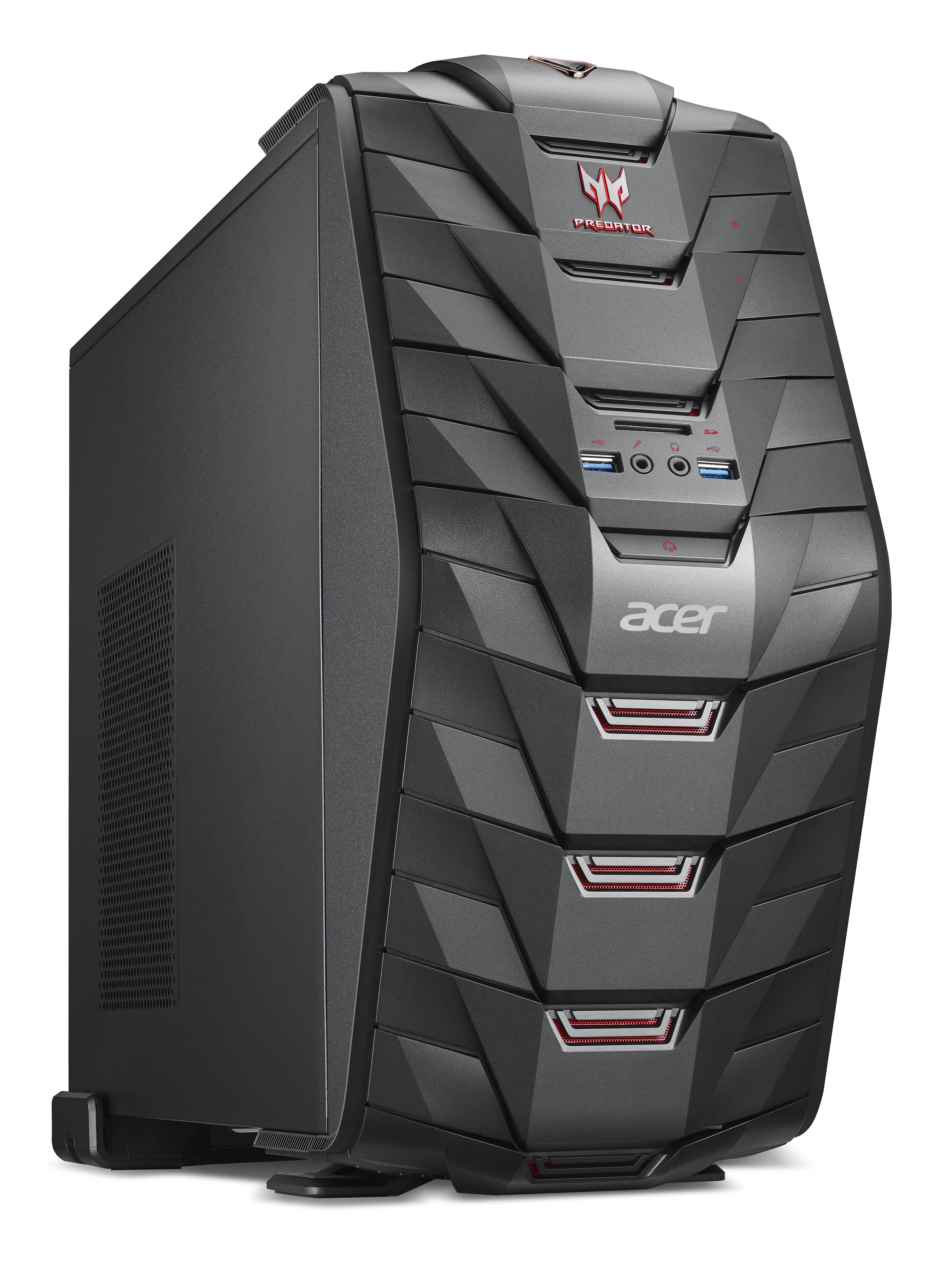 Schwarzer Acer Predator Gaming-Desktop. Er hat eine geometrische Frontplatte mit roten Akzenten und dem Acer-Logo.