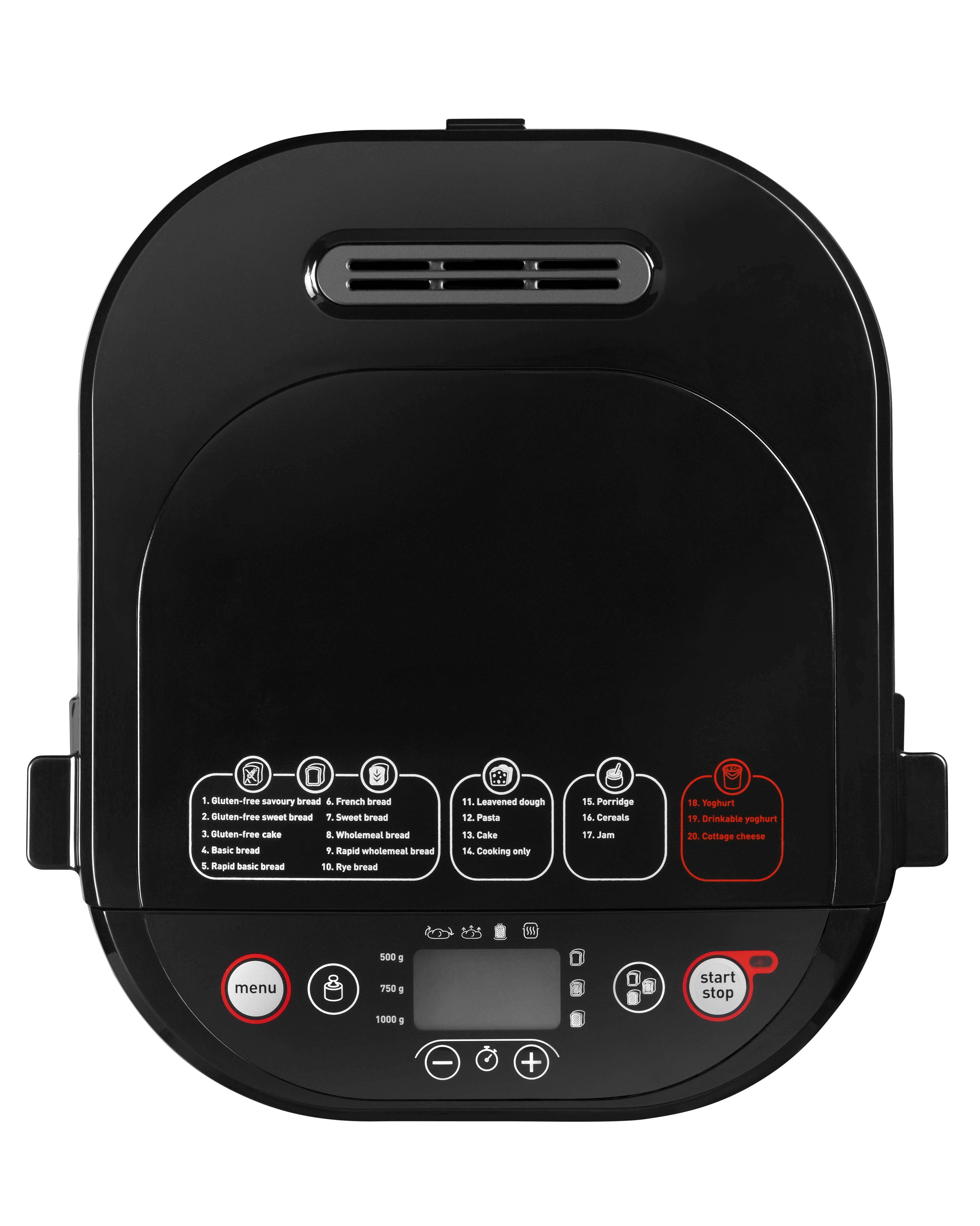 Een zwarte broodbakmachine met een bedieningspaneel en menu-opties bovenop.