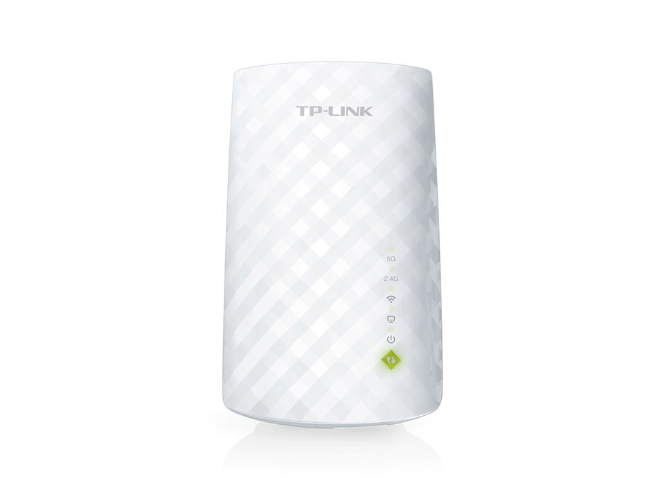 Beyaz TP-Link WiFi genişletici, ızgara deseni ve gösterge ışıkları ile. Beyaz bir arka planda.