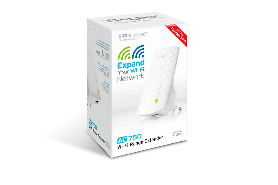 Beyaz bir TP-Link Wi-Fi menzil genişletici kutusu. Genişleticiyi ve özelliklerini ambalaj üzerinde gösteriyor.