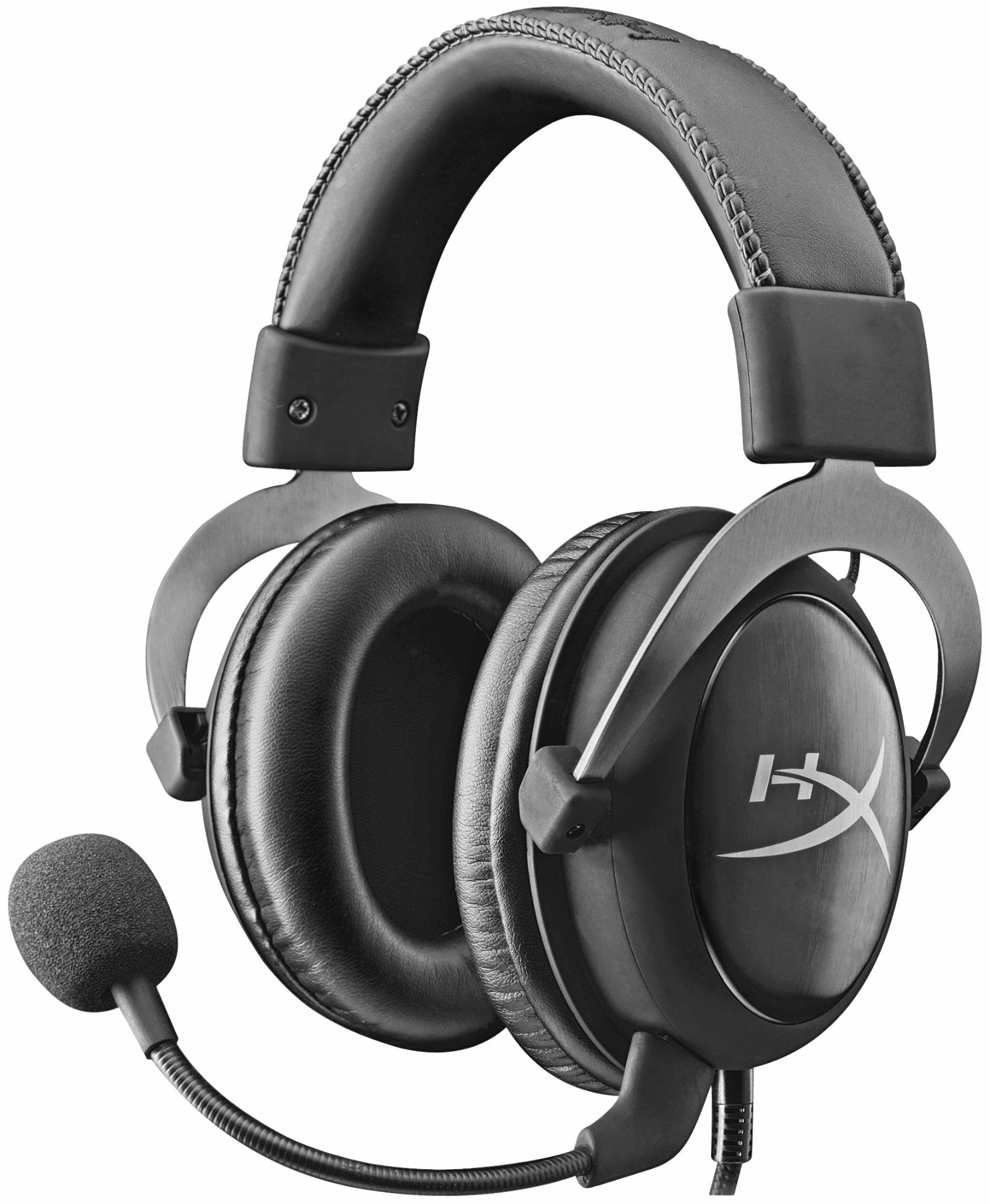 Zwarte en grijze gaming-hoofdtelefoon. Het merklogo staat op de zijkant.