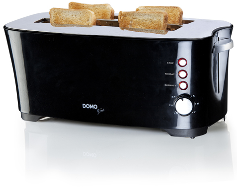 A black toaster with four slices of toast. The toaster is on a white surface.