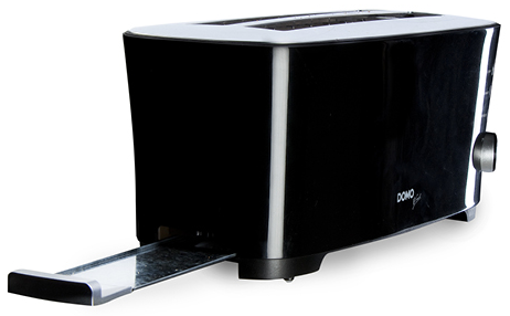 A black toaster with an open slot. It has a chrome lever and the brand name is on the side.