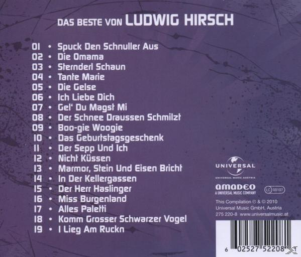 Album-Trackliste von Ludwig Hirsch mit Titeln auf Deutsch auf lila Hintergrund.