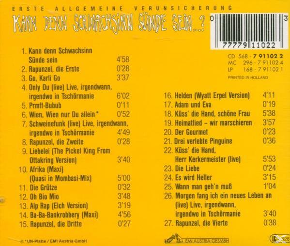 Rückseite der CD-Hülle mit Titelliste auf Deutsch. Die Hülle ist weiß mit gelbem und schwarzem Aufdruck.