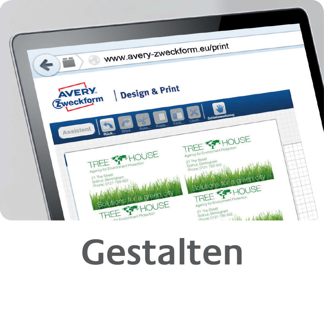 Ein Computerbildschirm zeigt eine Webseite. Text sagt 'Design & Print'. Unten wird ein Design gezeigt.
