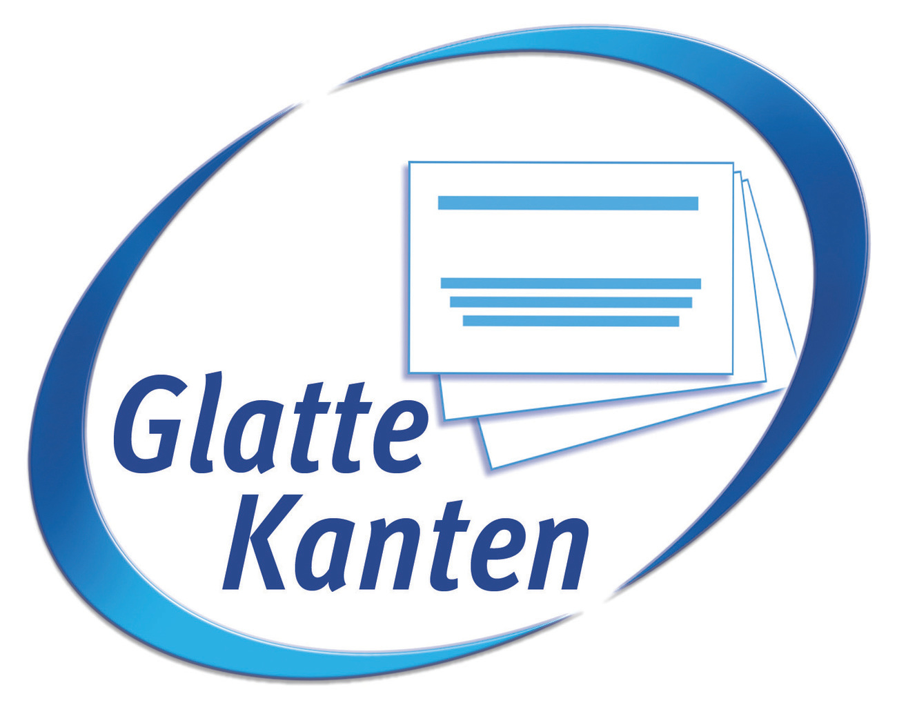 Logo mit blauem Oval und Text: 'Glatte Kanten' und einem Stapel Papier mit horizontalen Linien.
