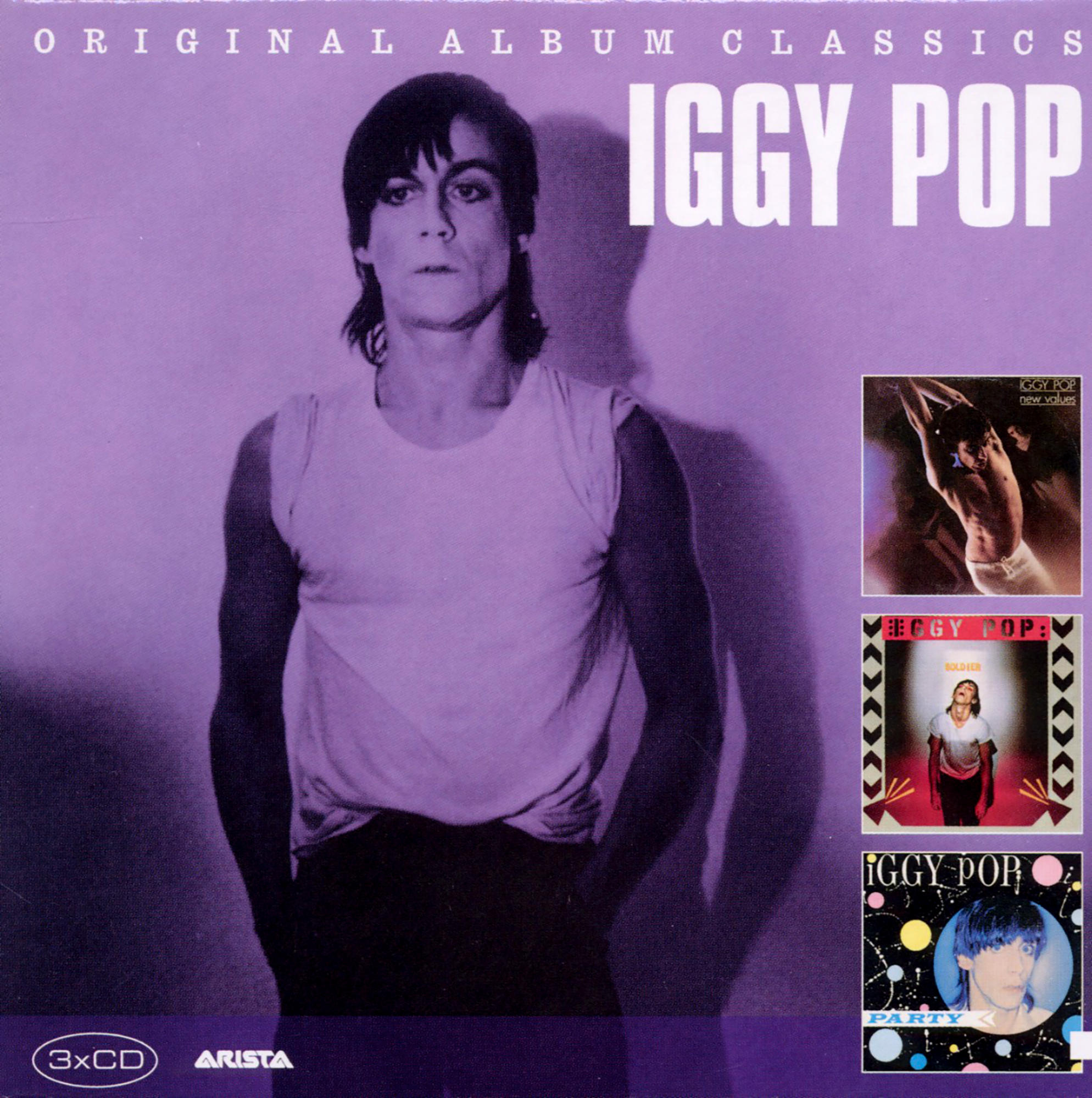 Iggy Pop Albumcover. Porträt eines Mannes mit dunklen Haaren und weißem Tanktop. Mehrere Albumcover.