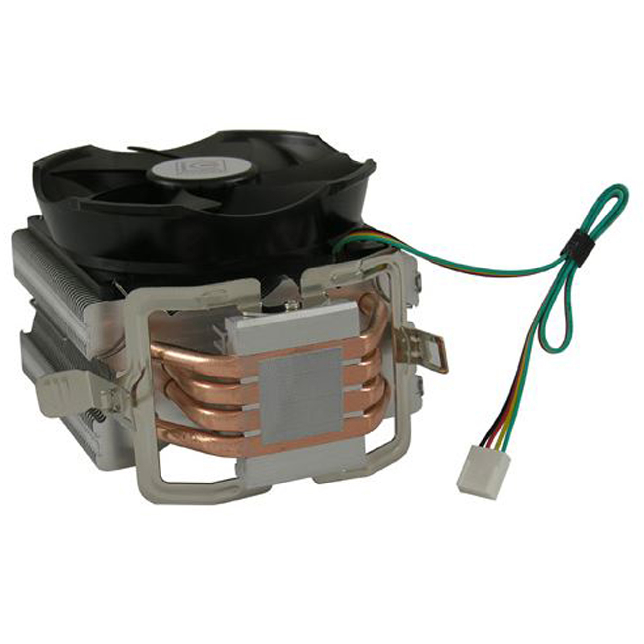 Ein CPU-Kühler mit Lüfter, Heatpipes und einem Stecker mit Drähten.