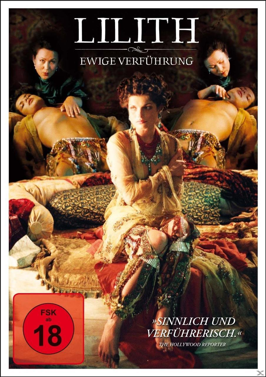 Lilith DVD-Cover. Frau in kunstvollen Kleidern, umgeben von liegenden Figuren. Rote und goldene Töne.