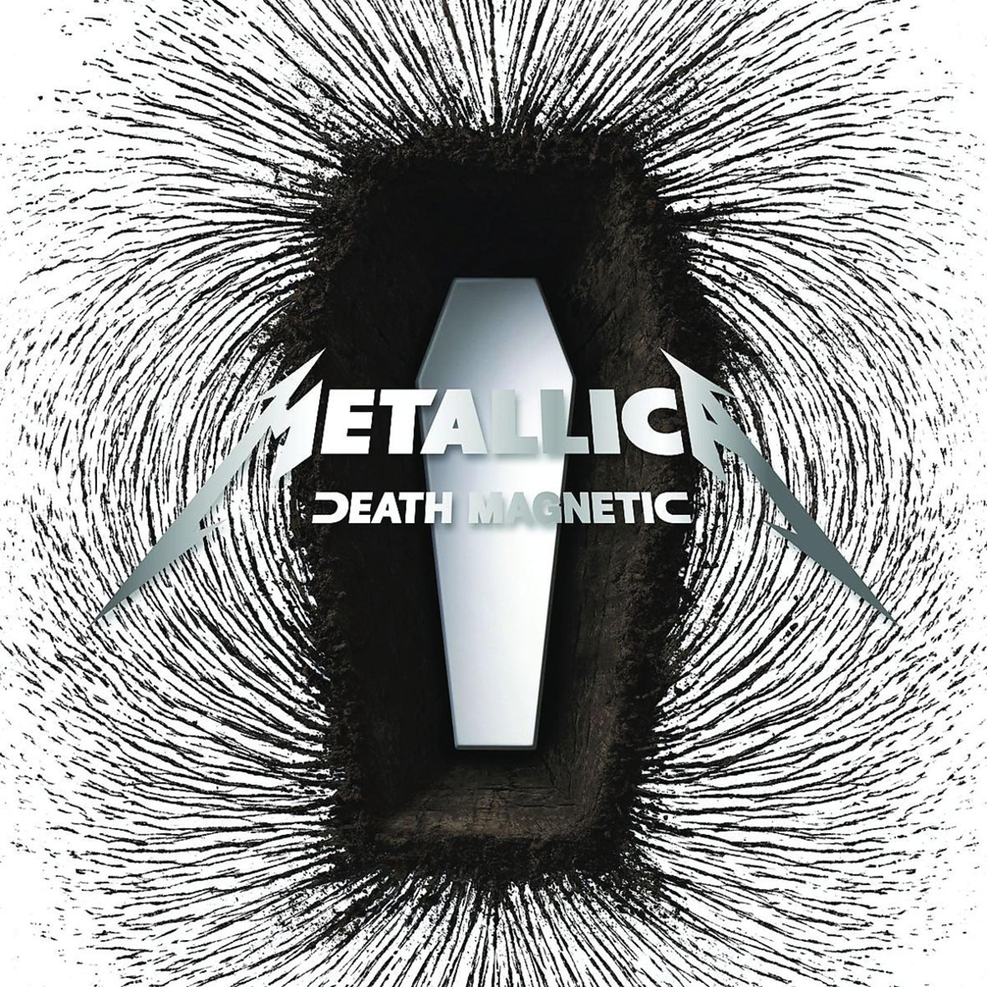 Metallica 'Death Magnetic' Albumcover: Sarg in einem Grab mit Magnetlinien drumherum.