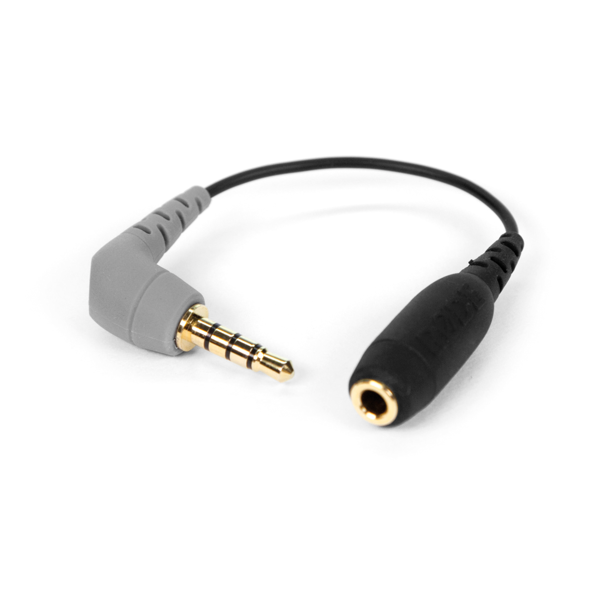 Ein grauer 3,5-mm-Steckeradapter mit Winkel und ein schwarzer Adapter mit Buchse.