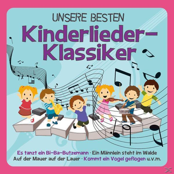 Cover von Kinderliedern, spielende Kinder mit Instrumenten, Noten, und einem rosa Rahmen.