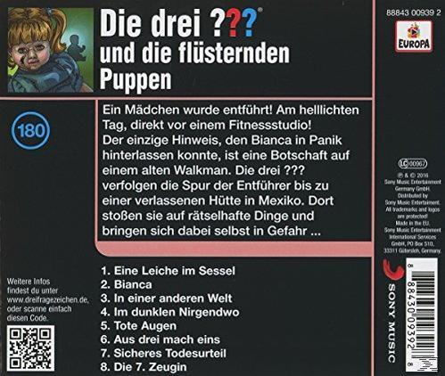 Rückseite eines CD-Covers mit Text und einem Foto eines Mädchens. Der Titel lautet "Die drei ??? und die flüsternden Puppen".