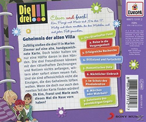 Rückseite der „Die Drei !!!“-CD. Enthält Text und eine Cartoon-Zeichnung von drei Mädchen.