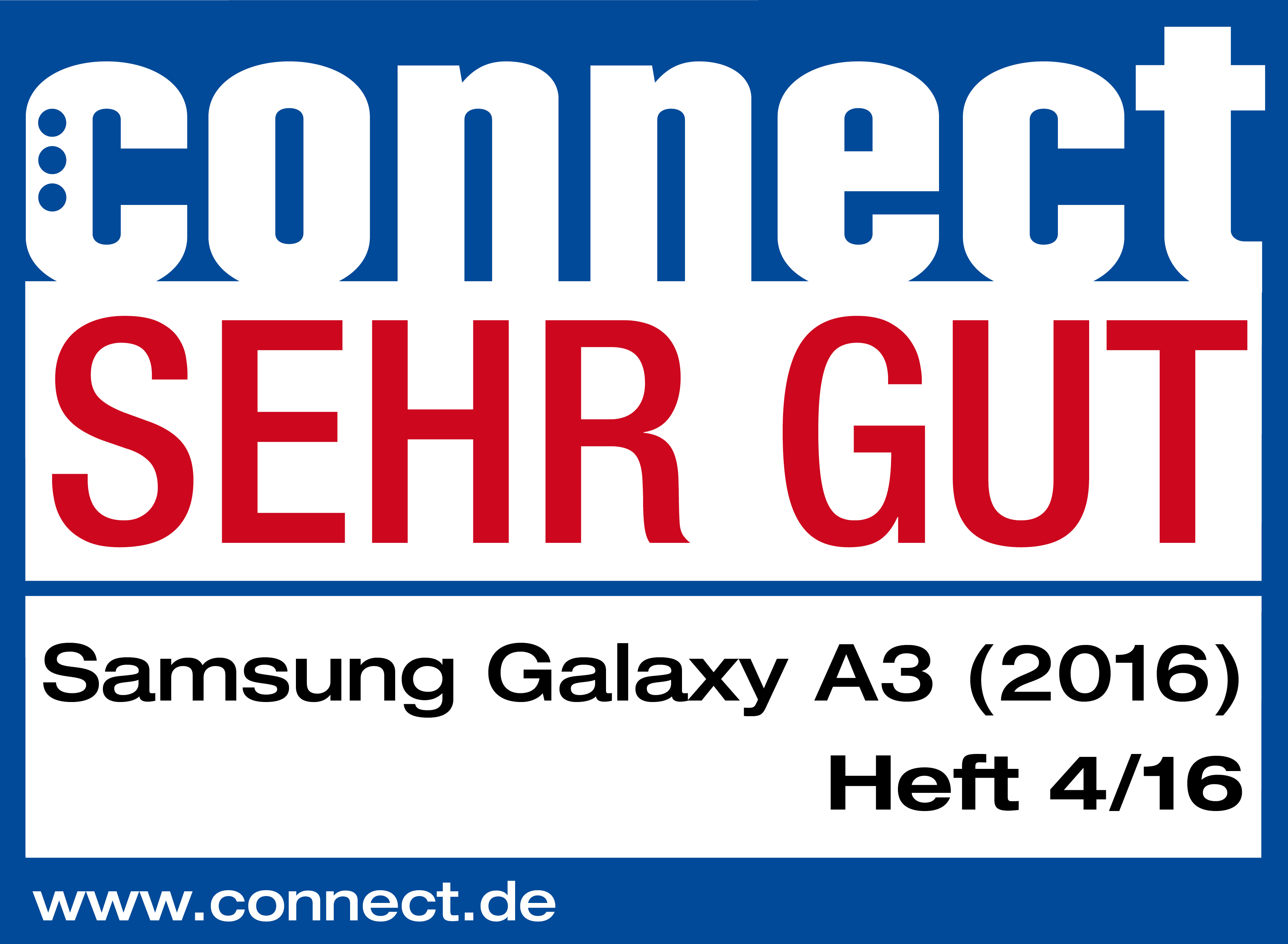 Connect-Magazin-Bewertung für Samsung Galaxy A3 (2016) mit 'SEHR GUT'.