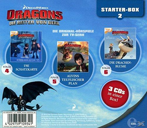Dragons Starter Box CD-Cover. Drei Discs mit Cartoon-Bildern. Blauer Hintergrund.